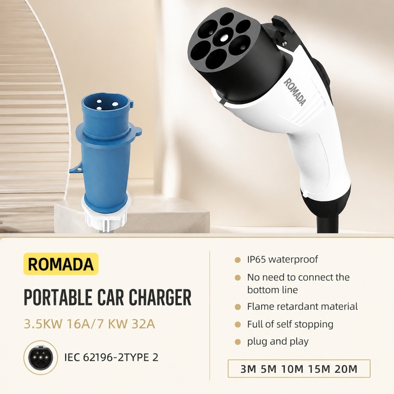 ROMADA 7KW 32A Pengisi Daya Po - Portable Ev Charger 32A Type 2 Cee Plug ulasan dan harga